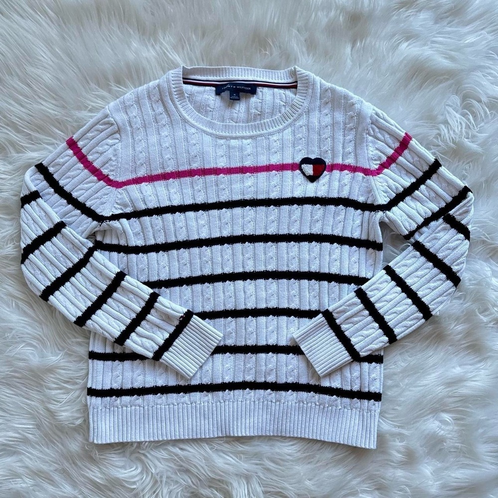 tommy hilfiger striped heart cable knit sweater